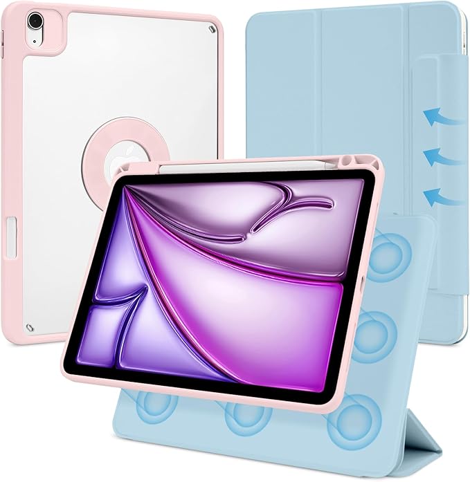 Case for iPad Air 13 Inch M4/M3/M2 2026/2025/2024, iPad Pro 12.9" 6th/5th Gen. 2022/2021 with Pencil Holder,Vertical Stand,Detachable Magnetic Trifold Stand Case,Auto Wake/Sleep,Ice Blue+Pink