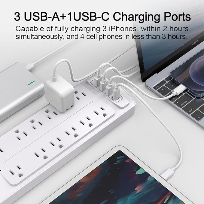 Power Strip, ALESTOR Surge Protector with 12 Outlets and 4 USB Ports, 20 Feet Extension Cord (1875W/15A), 2700 Joules, ETL Listed, White