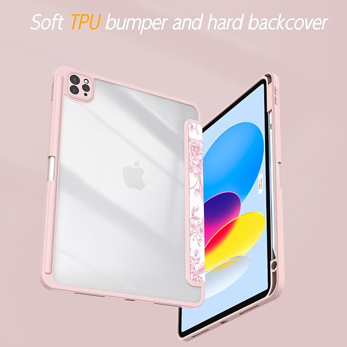 Case for iPad Pro 11 inch 4th/ 3rd/ 2nd / 1st Generation (2022/2021/2020/2018), Case with Pencil Holder, Clear Back Cover Cute Cool Design for Women Girls, Auto Sleep/Wake, Artistic Flower