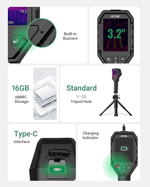 HF256 Thermal Imaging Camera, 256 x 192 IR Resolution, Super Resolution 320 x 240 Therma Camera, 3.2" LCD Screen, 25 Hz Frame Rate, High/Low-Temperature Alarm, 16 GB Storage Infrared Camera