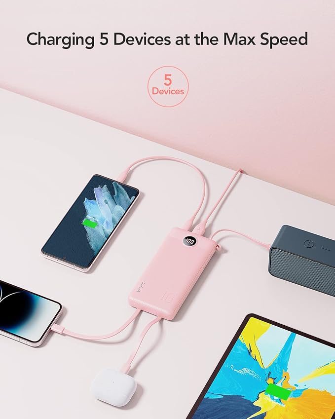 VRURC Portable Charger Power Bank, 10000mAh Travel Essentials Battery Pack, Compact USB C Charging Bank Built-in Cables Cords Compatible with iPhone 17 Pro 17 16 15 14 13,Samsung-Pink(1 Pack)
