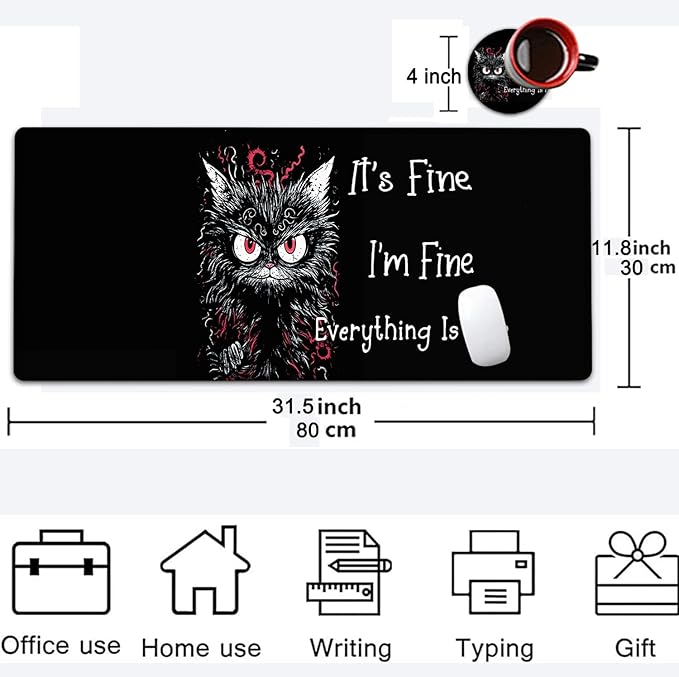 Large Mouse Pad, 31.5 x 11.8in Extended Gaming Mouse Pad with Stitched Edges, XXL Mousepad Protector Non Slip Rubber Base for Office and Home Writing Mat, Cute Black Cat Pattern Black Desk Mat