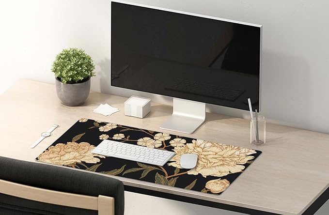 SSOIU White Peony Desk Pad, Beige Desk Protector, Green Desk Blotter, Floral Keyboard Mat, Extended Gaming Mouse Pad (35.5x15.7 in), Large Non-Slip Rubber Base Mousepad with Stitched Edges