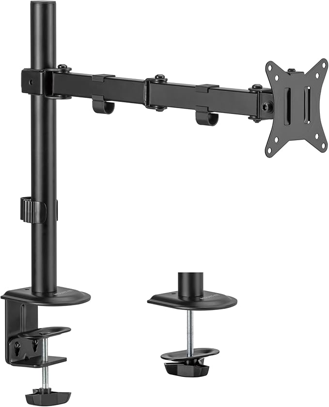 Mount-It! Single Monitor Arm 17" to 32", Full Motion Adjustment with Tilt, Rotation, Swivel, Height Adjustment Along Pole, Clamp or Grommet Mounting, Monitor Desk Mount VESA 75x75 and 100x100, Black