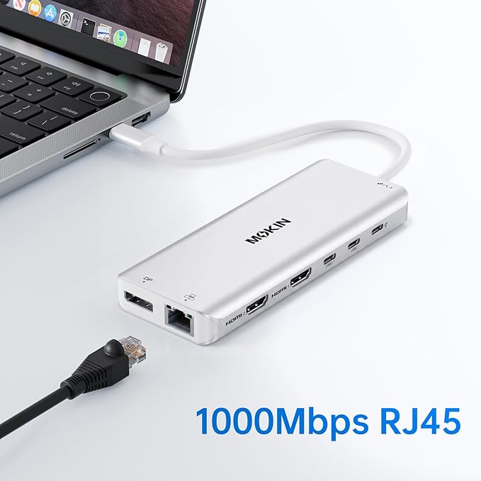 USB C Laptop Docking Station Dual Monitor Dual HDMI 4K DP Triple Display Hub, 13 in 1 MOKiN USB C Hub with 3 Monitors, DisplayPort, USB 3.1, RJ45, 100W PD, Card Reader, Audio/Mic, for Dell HP, Sliver