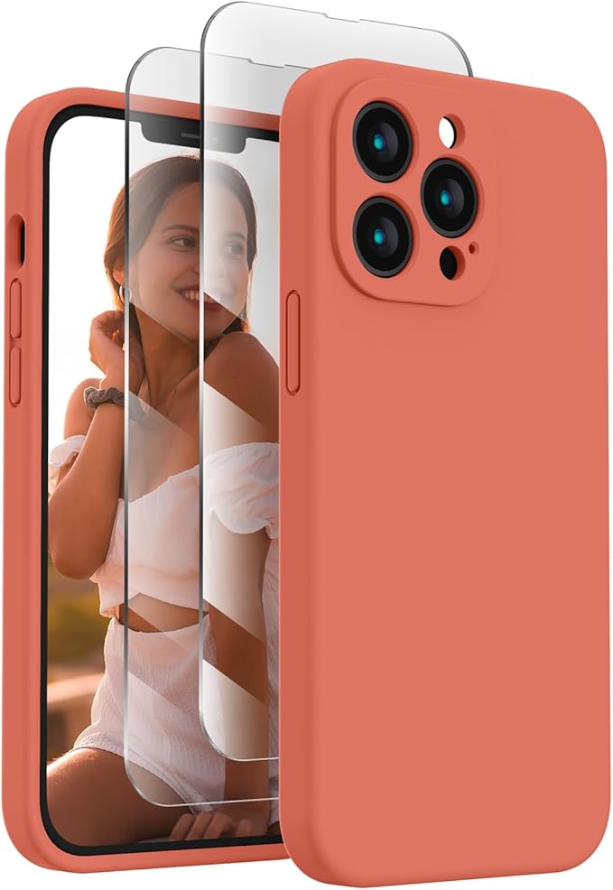 FireNova Designed for iPhone 13 Pro Max Case, Silicone [Camera Protection] Phone Case with [2 Screen Protectors], Soft Anti-Scratch Microfiber Lining Inside, 6.7 inch, Pink Pomelo