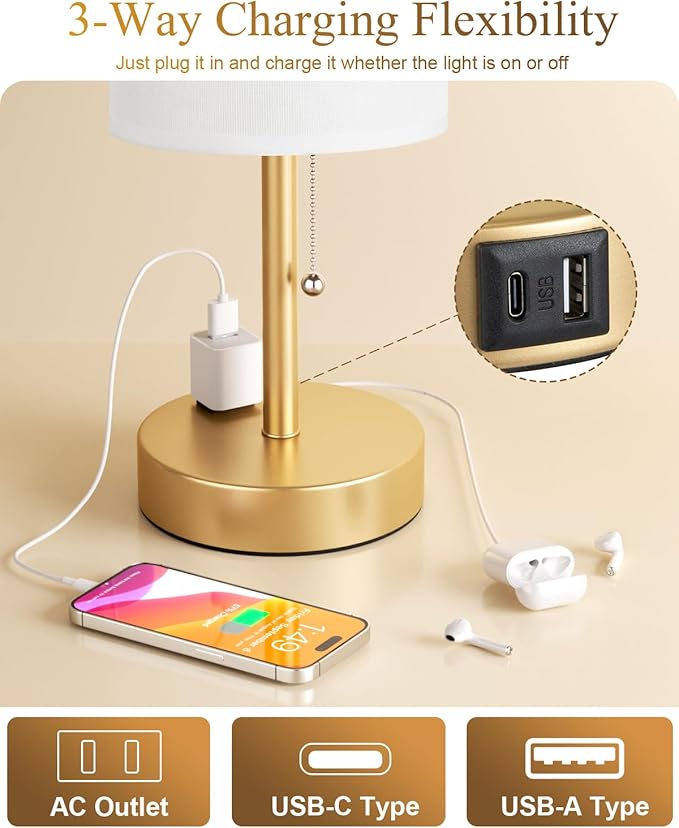 Fenmzee Plus Gold Bedside Lamps Set of 2-3 Color Temperatures Pull Chain Lamp with AC Outlet Charging Port, Round Night Stand Lamps for Bedroom, Bed Side Light with E26 LED Bulbs