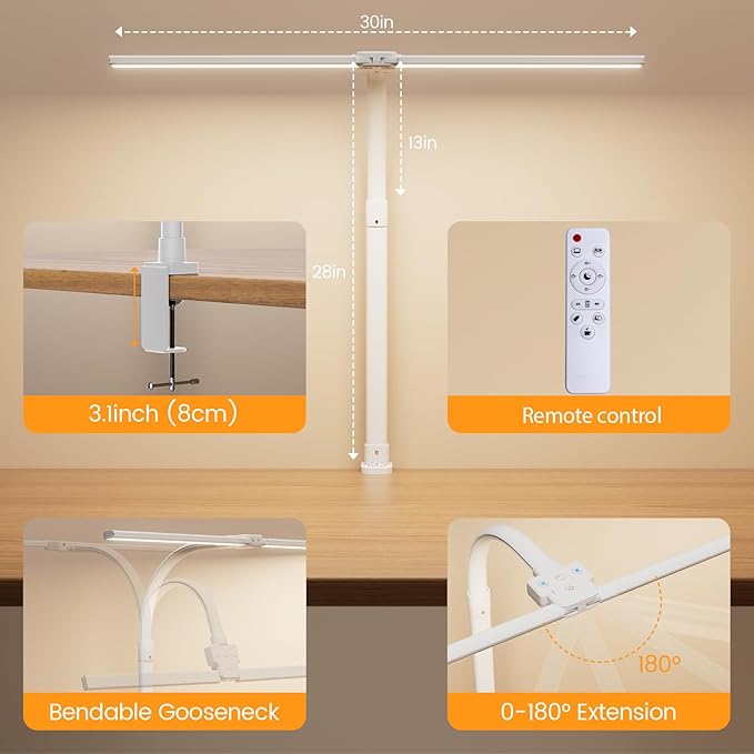 LED Desk Lamp - Bright Dimmable Computer Lamp, 24W Bendable Desk Light for Monitor Screen, Eye-Caring Tall Desktop Light for Task Home Office Work, White, Dual Head
