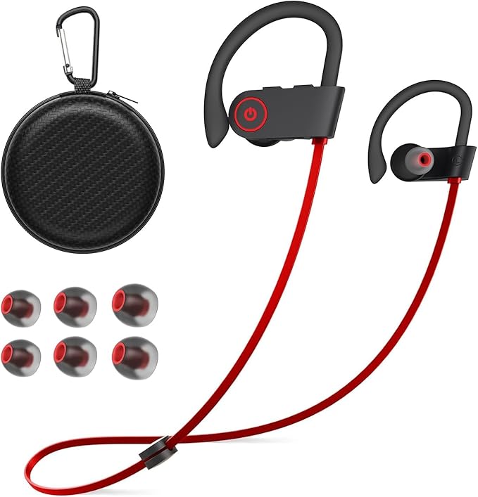 JOYWISE Bluetooth Headphones Wireless Earbuds 16H Playtime Wireless Headphones IPX7 Waterproof Bluetooth 5.3 Running Ear Buds with Mic Stereo in Ear Earphones Sound Isolation for Workout, Sports Red