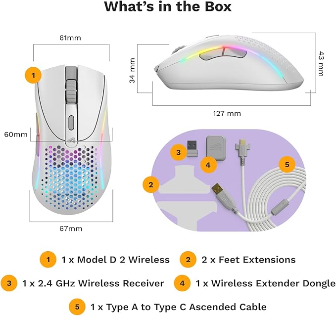 Glorious Gaming - Model D 2 Wireless Ergonomic Mouse, Superlight 66g, up to 210 hr Battery Life, 26K Optical Sensor, 6 Programmable Buttons, 80 Million Clicks, FPS, MMO, MOBA, Battle Royale (White)
