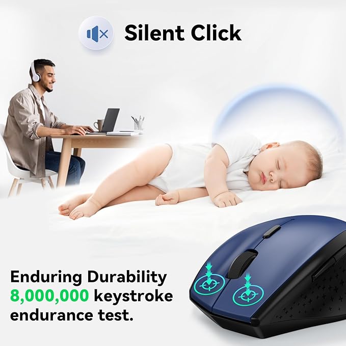 TECKNET Wireless Mouse, 2.4G USB Computer Mouse with 6-Level Adjustable 4800 DPI, 30 Months Battery, Ergonomic Grips, 6 Buttons Portable for PC, Chromebook, Mac - Blue