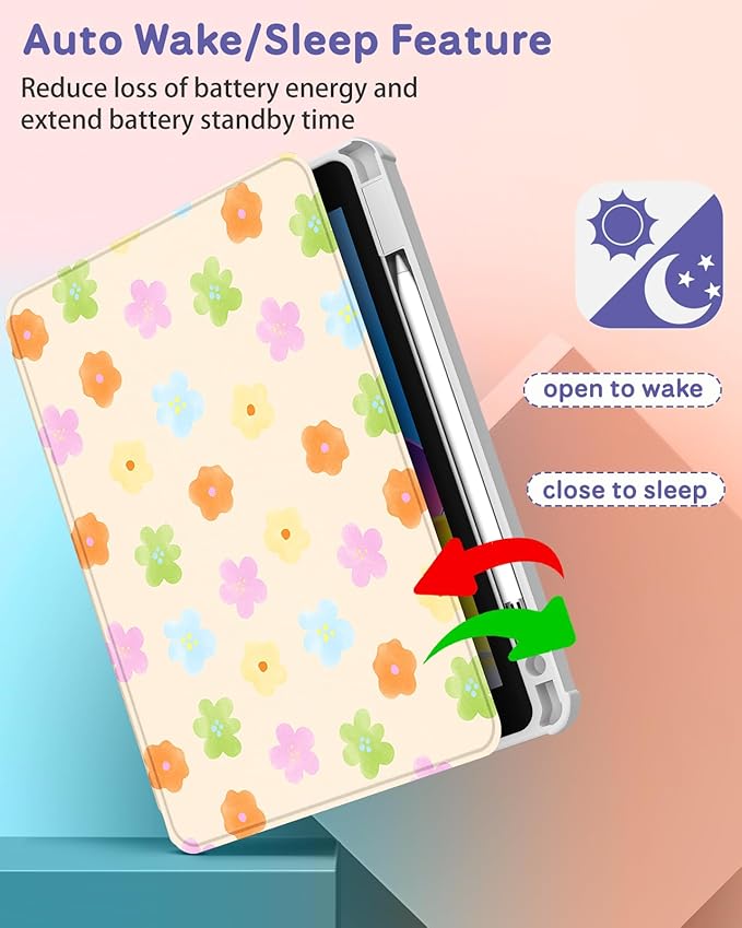 Uppuppy for iPad A16 Case for iPad 10th Generation Case 10.9 inch - 360 Degree Rotating Stand Folio Smart Cover with Pencil Holder for Women Girls, Colorful Flowers for Apple 10th 2022/11th 2025