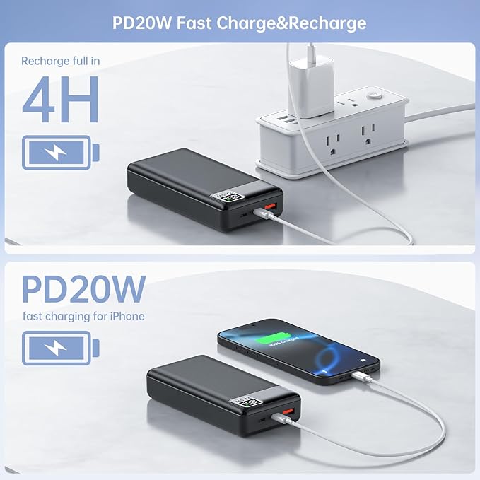5V 2A 3A 20000mAh Battery Pack for Electric Heated Camping Chair, Stadium Seat Cushion, Vest, Jacket, Blanket - Digital LCD Screen PD20W Fast Charging Power Bank for iPhone, iPad and More