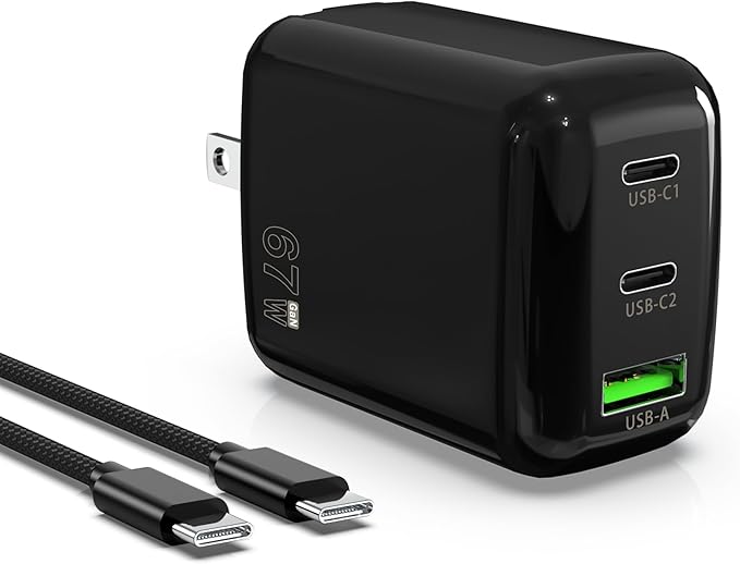 67W USB C Wall Charger, 3-Port GaN Fast Charger Block,Replacement for MacBook Pro/Air, iPad, iPhone 15/14/Pro, Galaxy, Pixel, Apple Watch and More