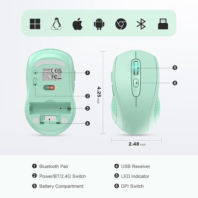 TECKNET Bluetooth Mouse, 4000DPI Wireless Mice for Laptop 2-in-1(BT 5.0/3.0+2.4Ghz) Computer Portable PC Mouse Wireless with USB Receiver for Mac (USB-A+Bluetooth, Green)