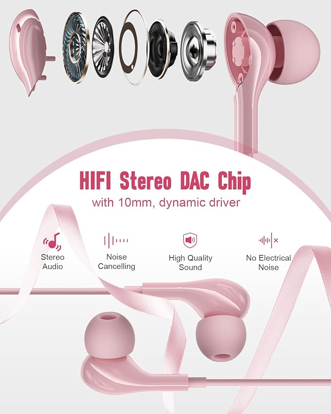 USB C Headphones for iPhone17 16 Pro Max 15 Plus iPad Pro Samsung Galaxy S24 S23 Ultra S26 S25 S22 S21 Wired Earbuds Magnetic in-Ear Type C Earphone with Microphone Volume Control HiFi Stereo Pink