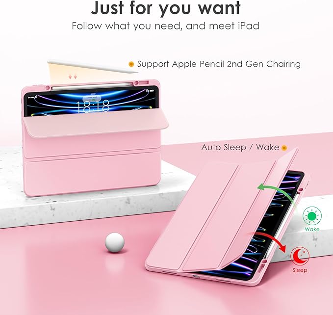 VIKESI Case for iPad Pro 12.9 6th/5th/4th/3rd Generation 2022/2021/2020/2018,TPU Shockproof Frame,Built-in Pencil Holder,Auto Sleep/Wake - B_Pink