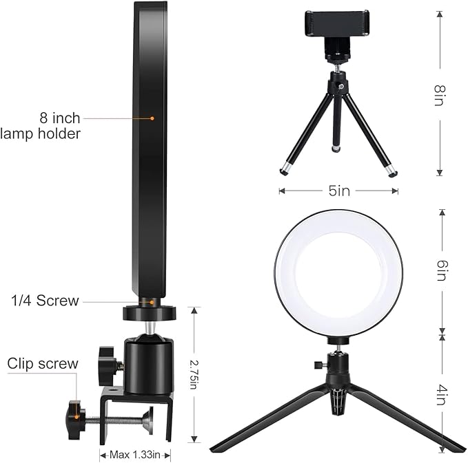 2 in 1 LED 6" Ring Light with Tripod Stand & Clamp for YouTube Video and Makeup, Mini LED Camera Light with Cell Phone Holder Desktop Lamp with 3 Light Modes & 11 Brightness Level