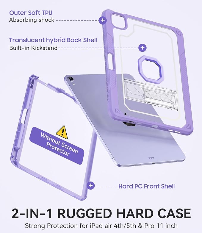 ZoneFoker Case for iPad Air 5th/ 4th Generation Case (2022/2020) 10.9'', for iPad Pro 11 Inch (4th/3rd/2nd/1st Gen), Hard Sturdy Slim Cover for iPad Air 5 4 th with Pencil Holder/Stand, Purple