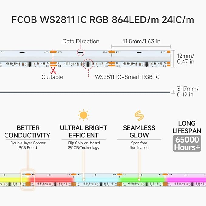 BTF-LIGHTING FCOB WS2811 IC RGB COB LED Strip 864LED/m Flexible High Density Color Chasing Uniform Light DC24V 24FT 24IC/m 12mm Width for DIY Lighting Projects(No Adapter or Controller)