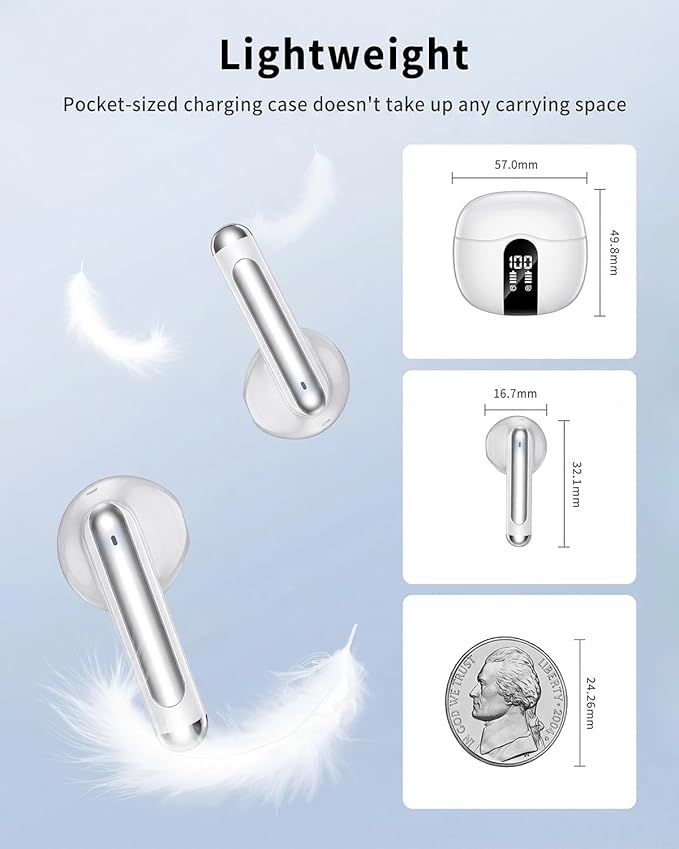 Wireless Earbuds, 2026 Bluetooth 5.4 Headphones Bass Stereo Ear Buds with Noise Cancelling Mic, LED Display in Ear Earphones 50H Playtime Ear Buds, IP7 Waterproof for Laptop Pad Phones Pure White