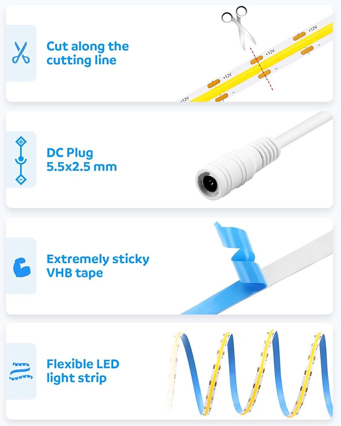 Aclorol 12 Volt Led Strip Lights COB 16.4ft Led Strip Lights for Bedroom 6000K Daylight White CRI85+ Flexible LED Tape Light for Kitchen Party Cabinet 320Leds/m(Power Supply&LED Dimmer Not Included)