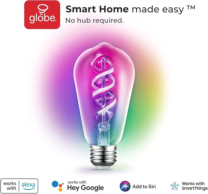 Globe Electric 35847 Wi-Fi Smart 7W (60W Equivalent) Spiral Filament Multicolor Changing RGB Tunable White Clear LED Light Bulb, No Hub Required, Voice Activated, 2000K - 5000K, ST19 Shape, E26 Base