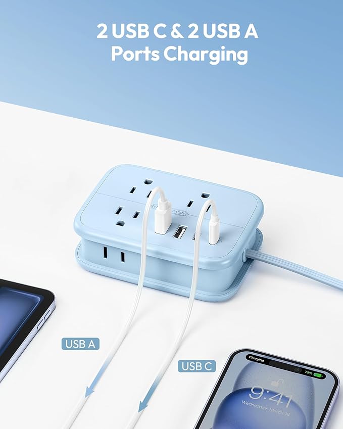 NTONPOWER Travel Power Strip, 6 Outlets 4 USB Ports(2 USB C), 4ft Extension Cord Wrapped Around Small Power Strip, Compact for Travel, Hotel, Cruise Approved, Blue