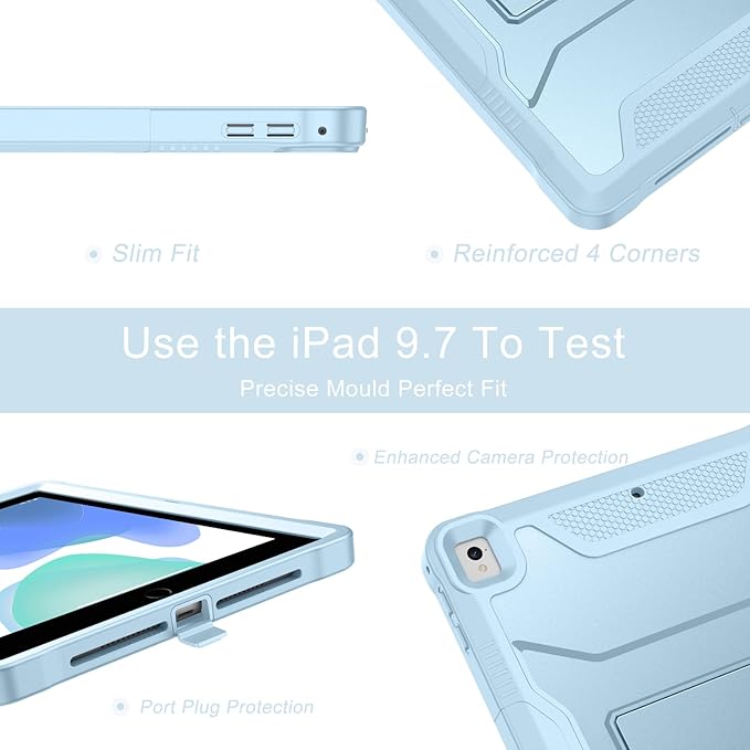 Soke Case for iPad 6th/5th Generation 9.7 Inch 2018/2017,with Built-in Screen Protector and Kickstand, Rugged Full-Body Heavy Duty Protective Cover for Apple iPad Air 2 /Pro 9.7 - Ice Blue