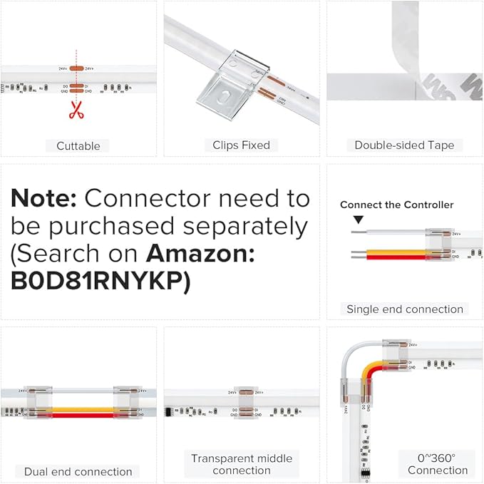 BTF-LIGHTING WS2811 Smart IC RGB FCOB COB LED Strip, UL Listed 630LEDs/m High Density Color Chasing Uniform Light, DC24V 16.4FT 10mm Width Tape Light for Home Party DIY Decor(No Adapter or Controller)