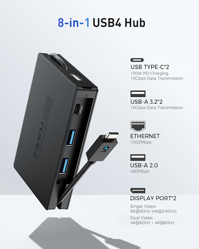 Cable Matters 8-in-1 Portable 40Gbps USB4 Hub (USB 4 Dock) Dual DisplayPort 4K@60Hz, Single DP 4K@240Hz/8K@60Hz, 100W PD, Gigabit Ethernet, Limited macOS Display Support, Thunderbolt 4 Compatible