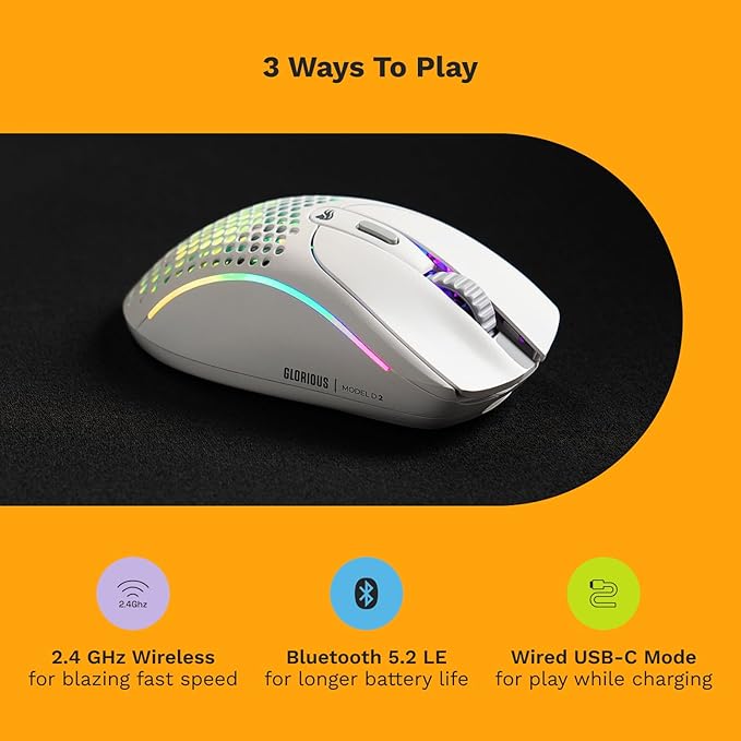 Glorious Gaming - Model D 2 Wireless Ergonomic Mouse, Superlight 66g, up to 210 hr Battery Life, 26K Optical Sensor, 6 Programmable Buttons, 80 Million Clicks, FPS, MMO, MOBA, Battle Royale (White)