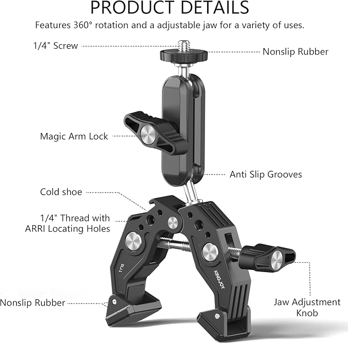 KINGJOY Super Clamp with 360° Magic Arm Double Ball Head, 1/4"-20 & 3/8"-16 Thread Camera Mount Adapter for DSLR, Monitor, LED Light, Action Camera, Bike Handle - Aluminum Alloy