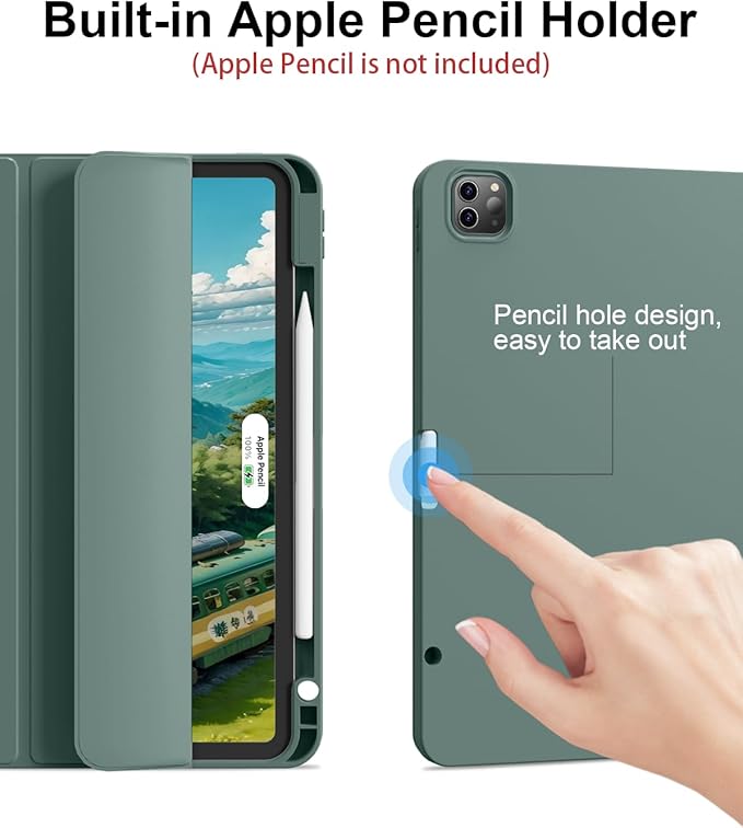 for iPad Pro 12.9 Case (6th/5th/4th/3rd Generation 2022/2021/2020) & ipad Air 13 inch case (M3 2025/M2 2024) with Pencil Holder, Smart Slim Trifold Stand Case with Soft TPU Back (Dark Green)