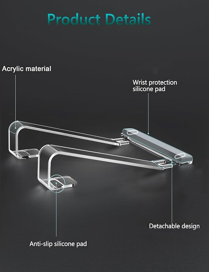 JCZT Clear Acrylic Laptop Stand for Desk, with Wrist Rest, Ergonomic Detachable Mount Compatible with 10-17'' All Laptops Such as MacBook Air Pro/HP/Dell/Lenovo