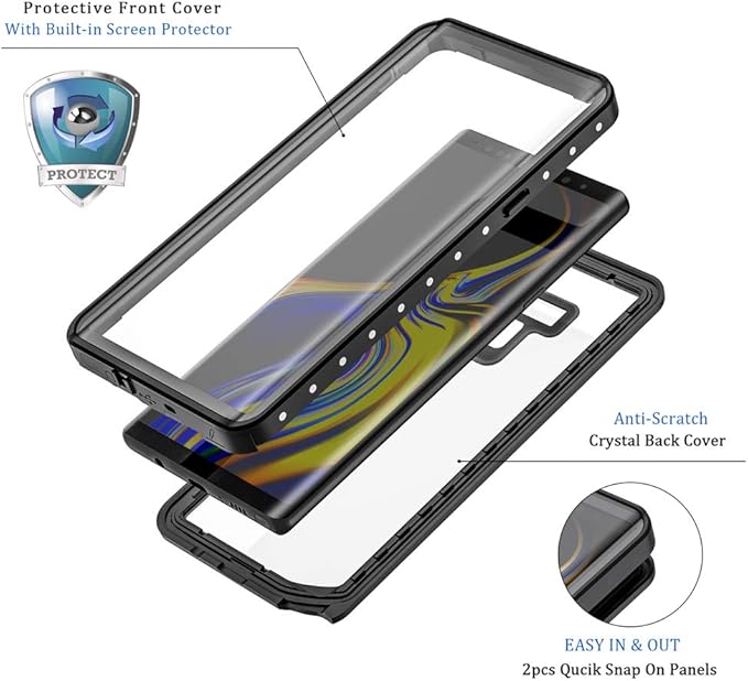 Lanhiem Galaxy Note 9 Phone Case, IP68 Waterproof Dustproof Shockproof Case with Built-in Screen Protector, Full Body Sealed Underwater Protective Clear Cover for Samsung Galaxy Note 9 (Black/Gray)