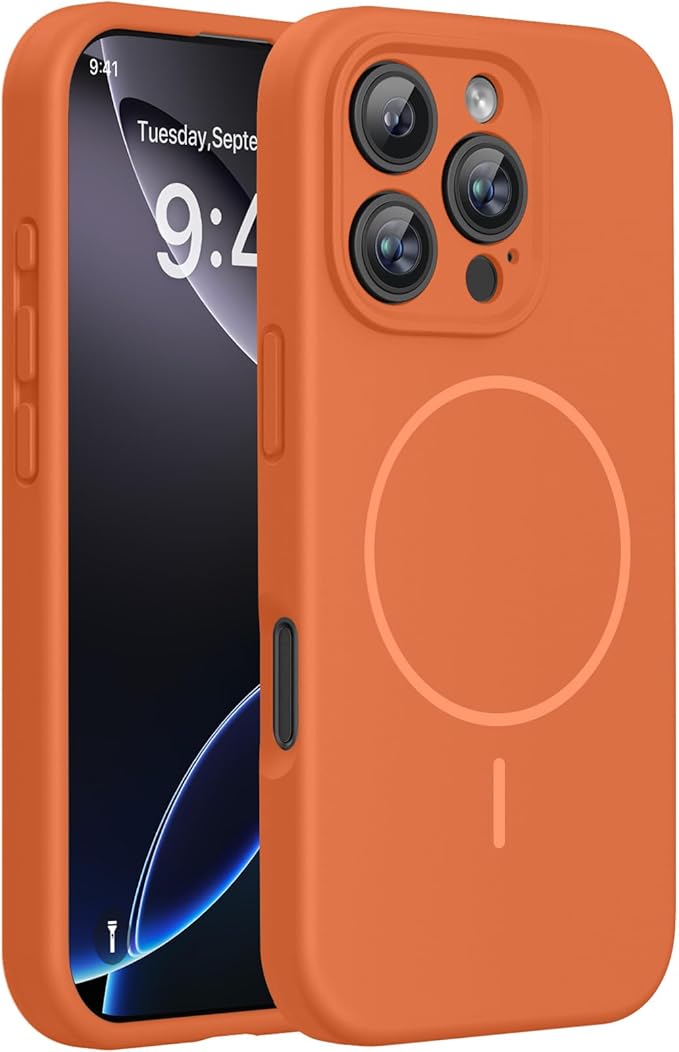 Miracase Magnetic for iPhone 16 Pro Max Case, [Soft Anti-Scratch Microfiber Lining], Compatible with MagSafe, Liquid Silicone Case Shockproof Drop Protection Phone Case for 16 ProMax,Orange