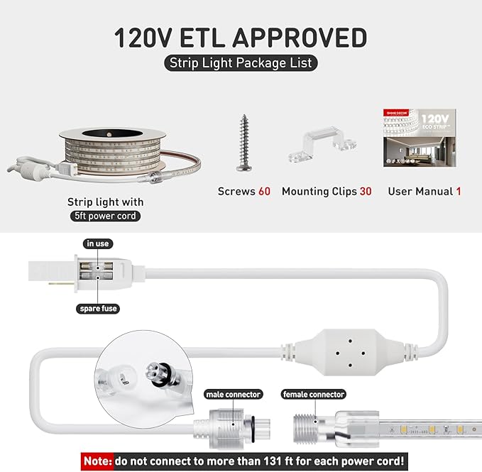 Shine Decor LED Strip Light Easy Connectable, 6000K Cool White Cold Resist Weatherproof Plug-in for Indoor Outdoor, 101 LM/FT Dimmable Bright Eco Rope Lighting 50FT, 120V Whole Set ETL Listed