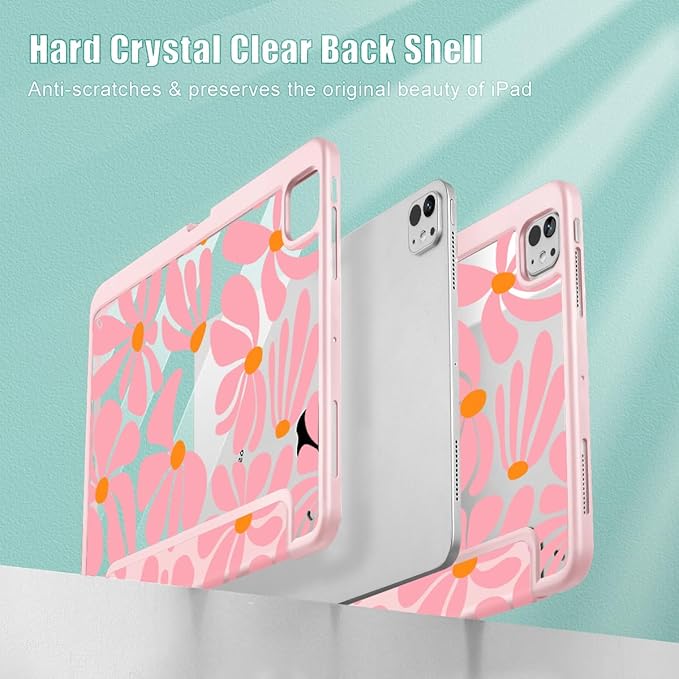 May Chen for iPad Pro 13 Inch Case M5 2025 / M4 2024, Built Pencil Holder & Clear Transparent Print Back Shell Slim Stand Shockproof Tablet Cover, Auto Wake/Sleep, Groovy Flower