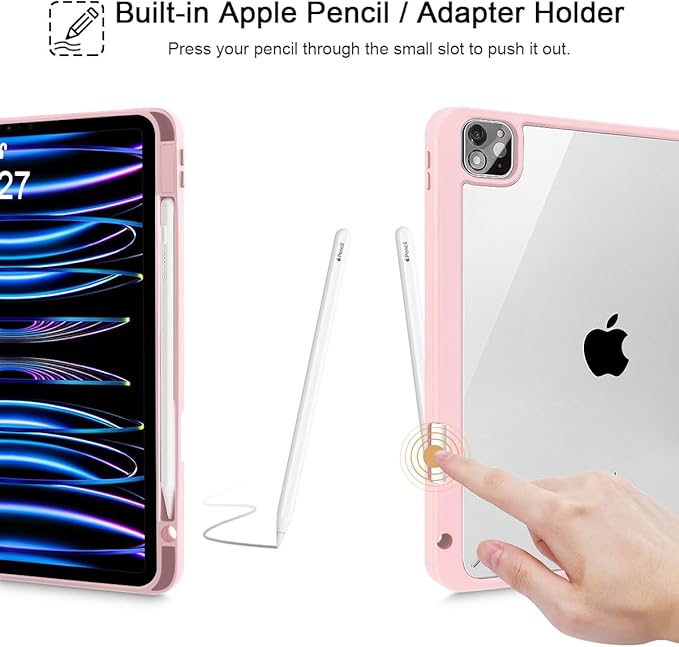 Tuiklol for iPad Pro 11 Inch 4th / 3rd / 2nd / 1st Gen (2022 2021 2020 2018) Case -Built-in Pencil Holder Shockproof Cover Clear Transparent Back Shell with Auto Wake/Sleep, Spot-Pink