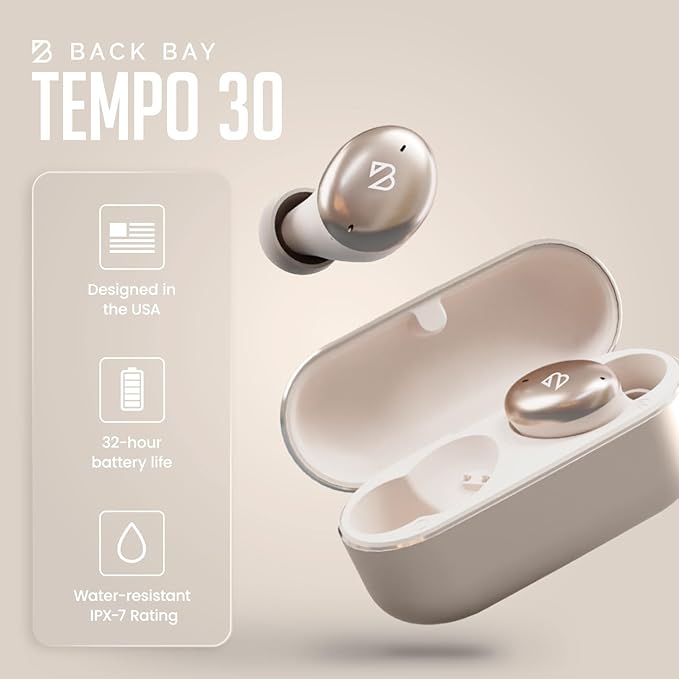Back Bay Audio Tempo 30 Wireless Earbuds for Small Ears - Award-Winning Sound, Sweatproof Bluetooth Earbuds, Tech Fitness Gifts for Men, Comfortable Bluetooth Ear Buds for Women - Champagne