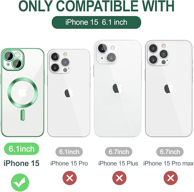 Hython Magnetic Clear for iPhone 15 Case with Camera Lens Protector [Compatible with MagSafe] Luxury Plating Edge Slim Soft TPU Cover Protective Phone Case for iPhone 15 6.1", Light Green