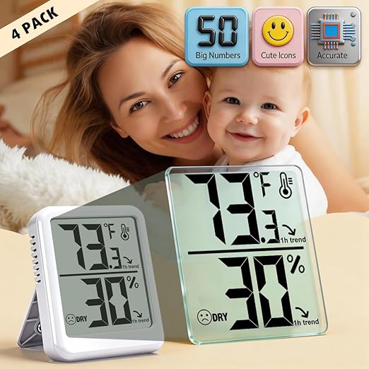 4-Pack Room Thermometer Indoor Hygrometer, Small Digital Temperature and Humidity Monitor Sensor, Temperature Humidity Gauge Meter for Home Baby Room, Plants, Pets - AAA Battery Included