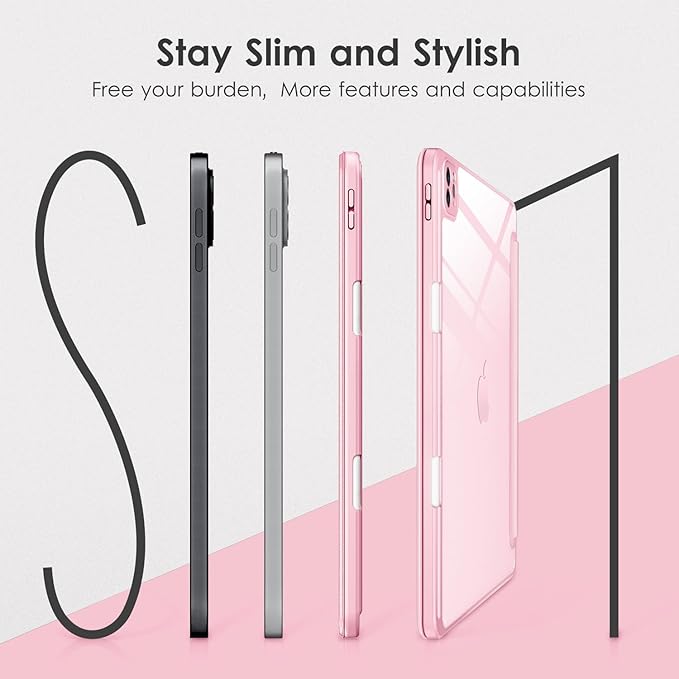 VIKESI for iPad Pro 11 Inch 4th/3rd/2nd/1st Generation Case, iPad Air 11-inch / 5th / 4th Generation Case with Clear Back,Pencil Holder,Auto Sleep/Wake,Camera Protection,Pink