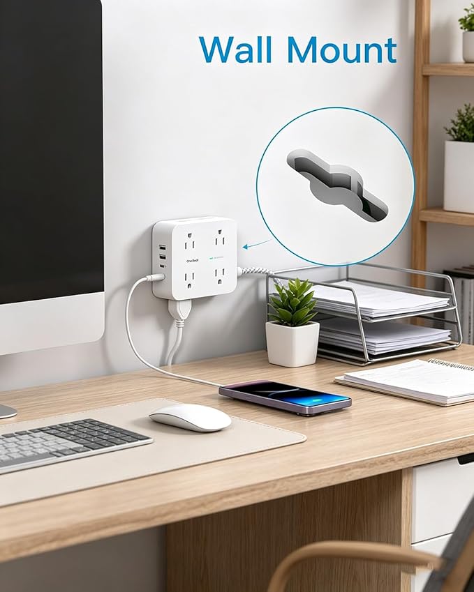 One Beat Surge Protector Power Strip, 6 Ft Ultra Thin Flat Extension Cord with 8 Outlets 4 USB Ports(2 USB C), Flat Plug Power Strip, Braided Power Strip for Home, Office, Dorm Room Essentials