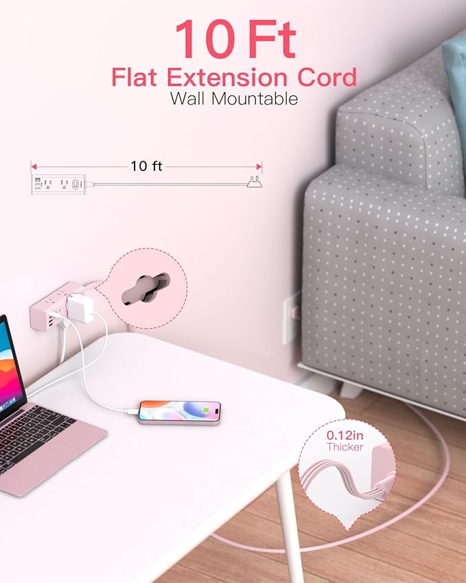 10Ft Extension Cord with Multiple Outlets,Flat Plug Power Strip Surge Protector with 10 Ft Long Cord,6 Outlet 4 USB Ports (2USB C),Multi Outlet Wall Plug for College,Dorm Essentials(Pink)