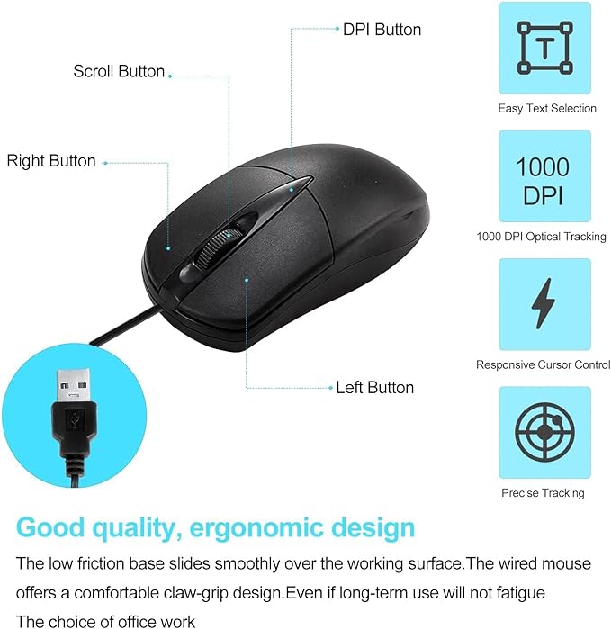 200 Black Wired Computer Mouse Bulk USB 1000 DPI 3 Button Corded Mouse with Home Office Noiseless Simple USB Mice for Computer Laptop Desktop PC (200)