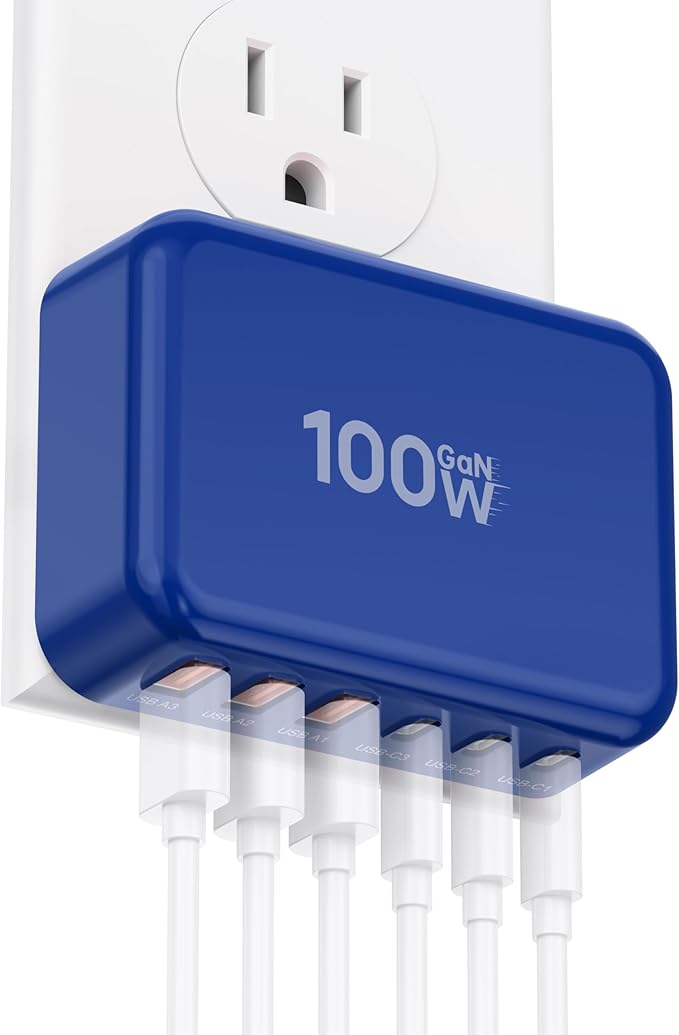 Fast Charger Block USB C, GaN 6 Port Charging Station Hub Cube, 100W Multiport Type C Wall Charger Power Strip Plug with PD 3.0+QC for iPhone 16 15 14 13 12 1 Pro Max XR XS 8 7, Samsung, iPad, Table