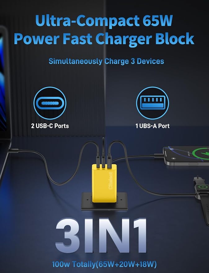 2Pack 65W USB C Charger Block, 3Port Fast Charging Adapter,Type C Fast Charging Blocks Cube PD USBC Wall Plug+QC3.0 USB A Charger Brick for MacBook Pro/Air,iPad,iPhone17/16,Samsung S26/S25&More-Yellow