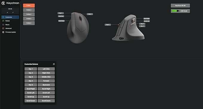 Keychron M5 Wireless Ergonomic Mouse, 8000Hz Tri-Mode 2.4 GHz/Bluetooth 5.1/Wired, PixArt 3950 Sensor, 30000 DPI, Ergonomic Lightweight Programmable Macro Button for Windows PC/Mac - Black